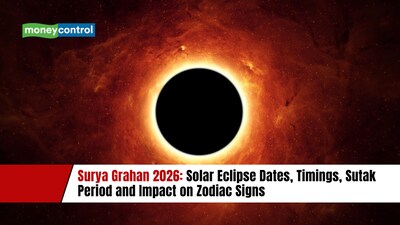 Surya Grahan 2026: Solar Eclipse Dates, Timings, Sutak Period and Impact on Zodiac Signs (image: canva)