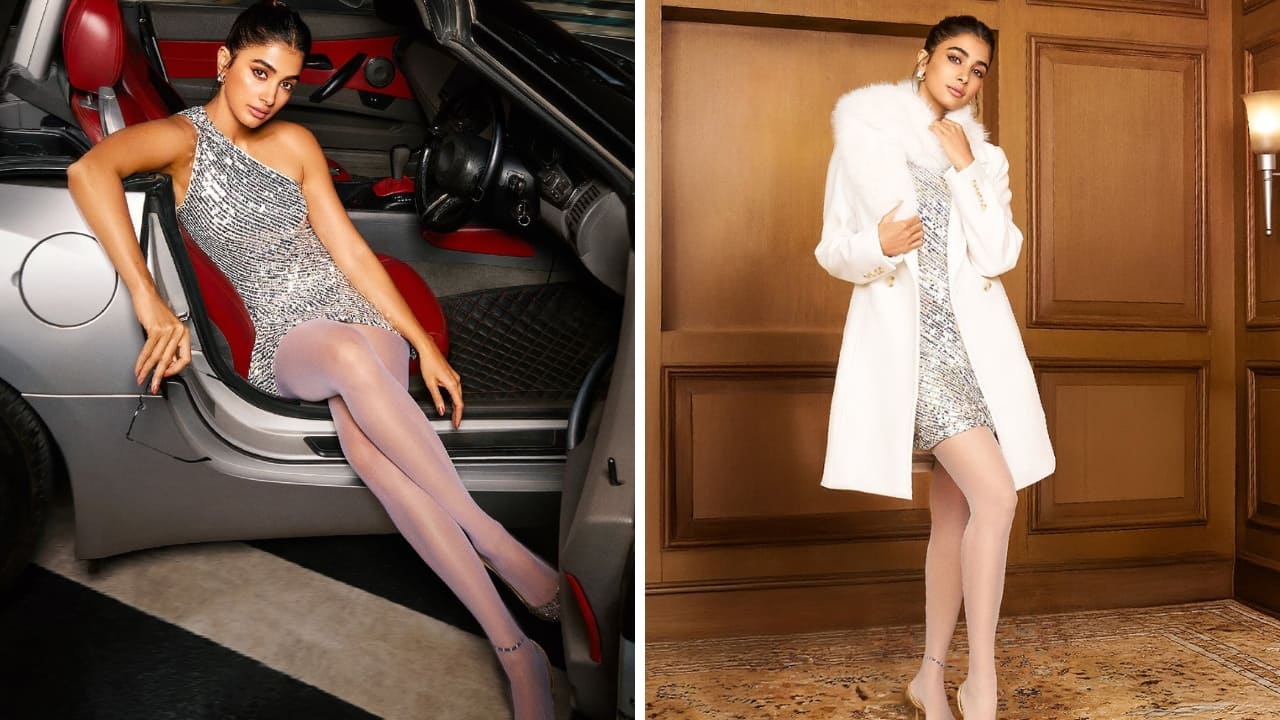 Metallic Shine: Pooja Hegde shines in this show-stopping metallic silver dress. Pick a one-shoulder short dress, pair it with glamorous stockings and glittering shoes. If you want to keep it cosy, add a matching jacket and slay like no other.
