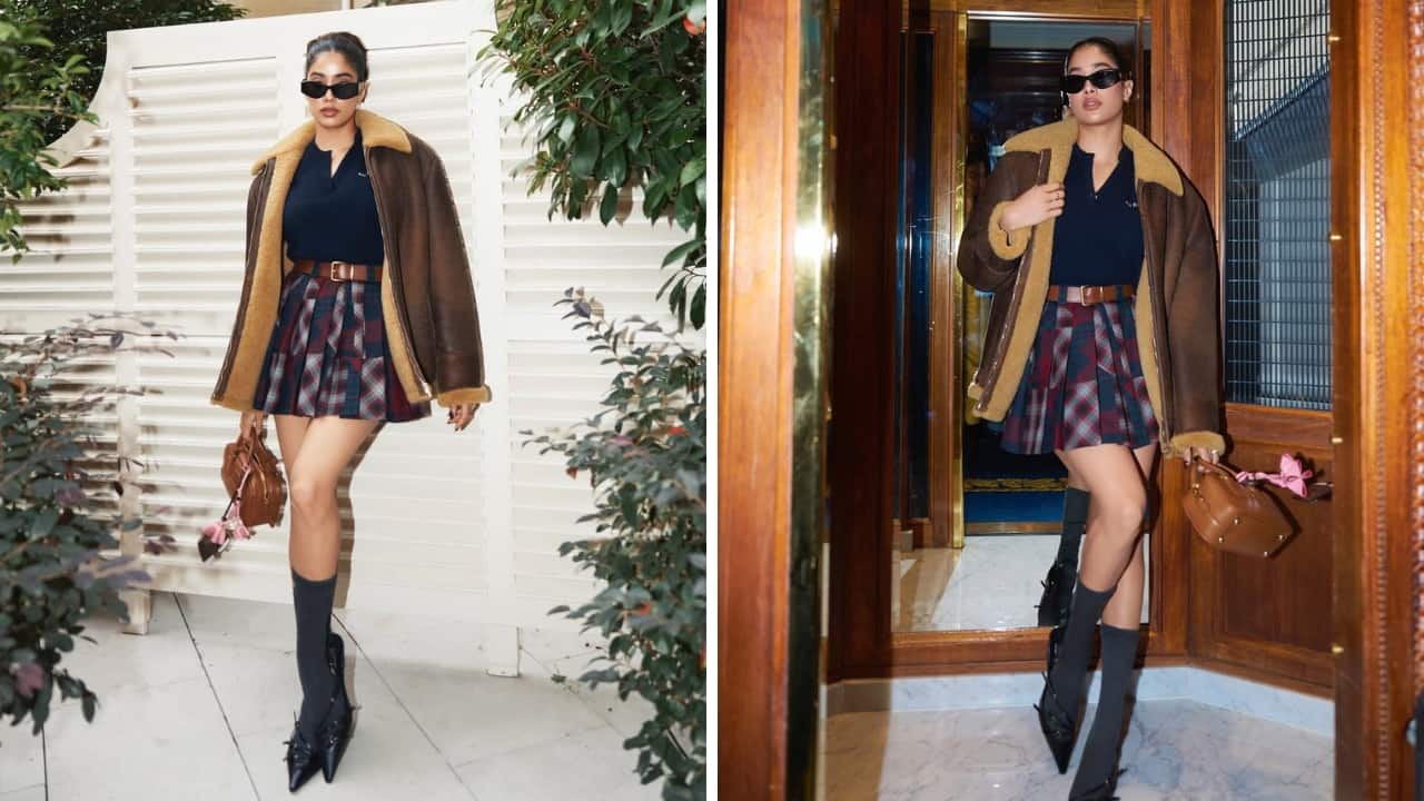 Chic skirt, jacket combo: A mini skirt, top, and jacket in winter never fail to impress. Janhvi Kapoor shows how to slay in style. She rocks a vintage checked skirt, black top, and a brown jacket. Add black high boots and you are all set to rock the night away.