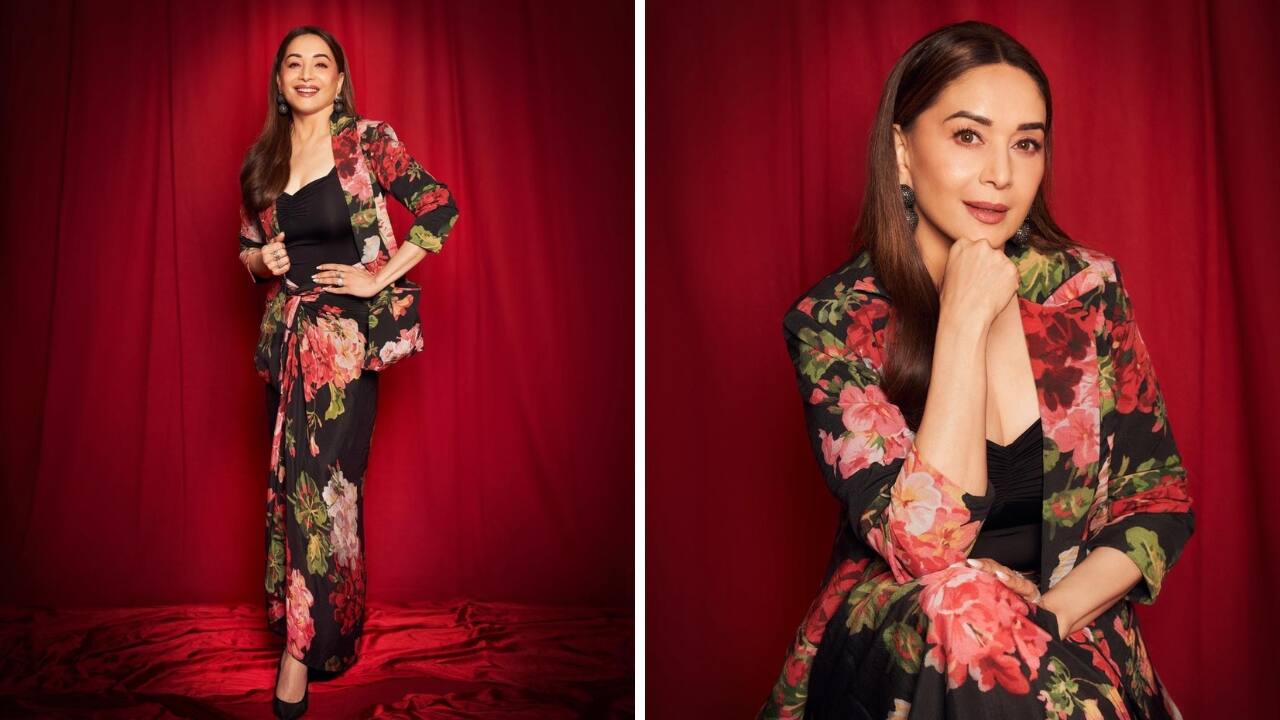 Fresh floral style: If there’s a floral dress, top, or co-ords, it’s time to dig it out. Madhuri Dixit slays in a stylish gathered floral skirt, teamed with a black body-hugging top and a matching floral jacket. The combo looks refreshingly cool for New Year’s Eve.