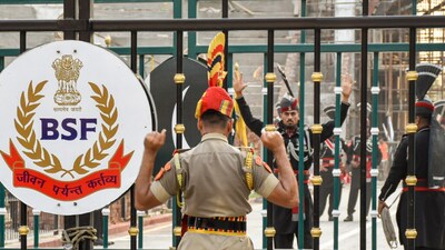 A BSF personnel during a retreat ceremony at the Attari-Wagah border, near Amritsar, Tuesday, May 20, 2025. 