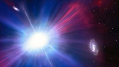 This illustration depicts an artist’s impression of one of the brightest explosions ever observed in space. (Image: NASA, ESA, NSF's NOIRLab, Mark Garlick, Mahdi Zamani)