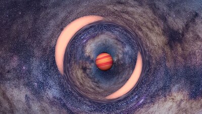 An artist’s depiction shows a planet bending and magnifying the light of a distant background star through gravitational lensing. (Image: J. Skowron, K. Ulaczyk/OGLE)