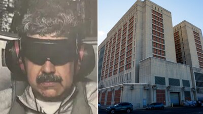 The image on the right shows an exterior view of the Metropolitan Detention Center (MDC) where Venezuelan President Nicolas Maduro is being held.