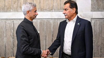 (FILES) Union External Affairs Minister S Jaishankar meets Speaker of the National Assembly of Pakistan Sardar Ayaz Sadiq before the funeral prayers of Bangladesh's former prime minister Khaleda Zia, in Dhaka on December 31, 2025.