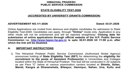 HP SET Notification 2026 released @ hppsc.hp.gov.in, registration opens till January 31