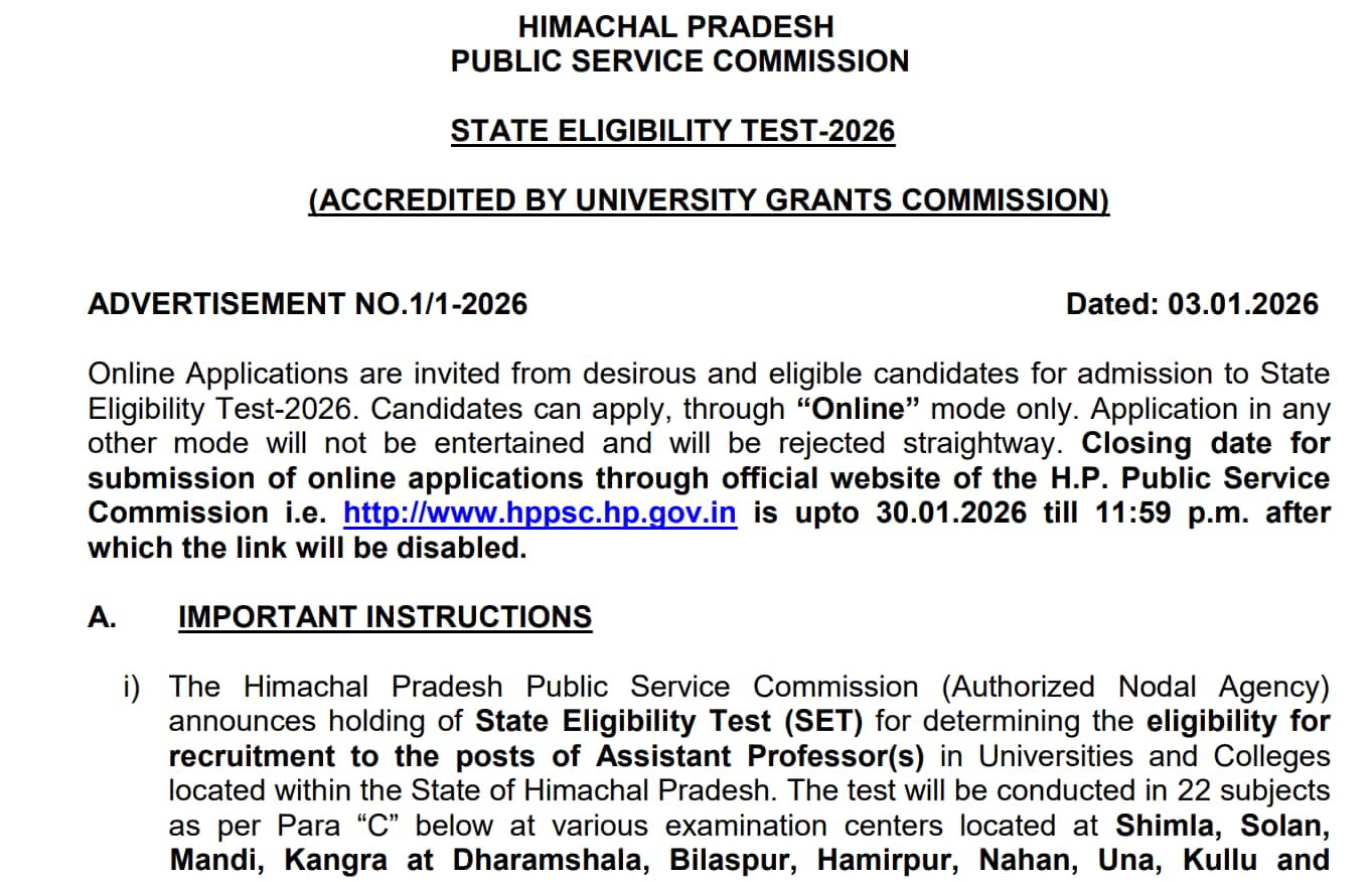 HP SET Notification 2026 released @ hppsc.hp.gov.in, registration opens till January 31