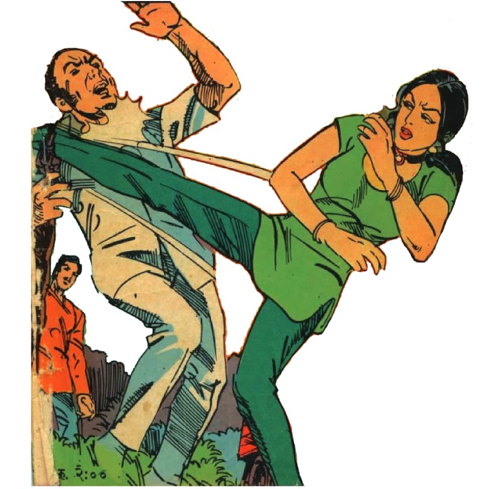 Bahadur's girlfriend Bela knows martial arts. Aabid Surti made the comics in the 1970s and '80s. (Image courtesy KNMA, 2025)