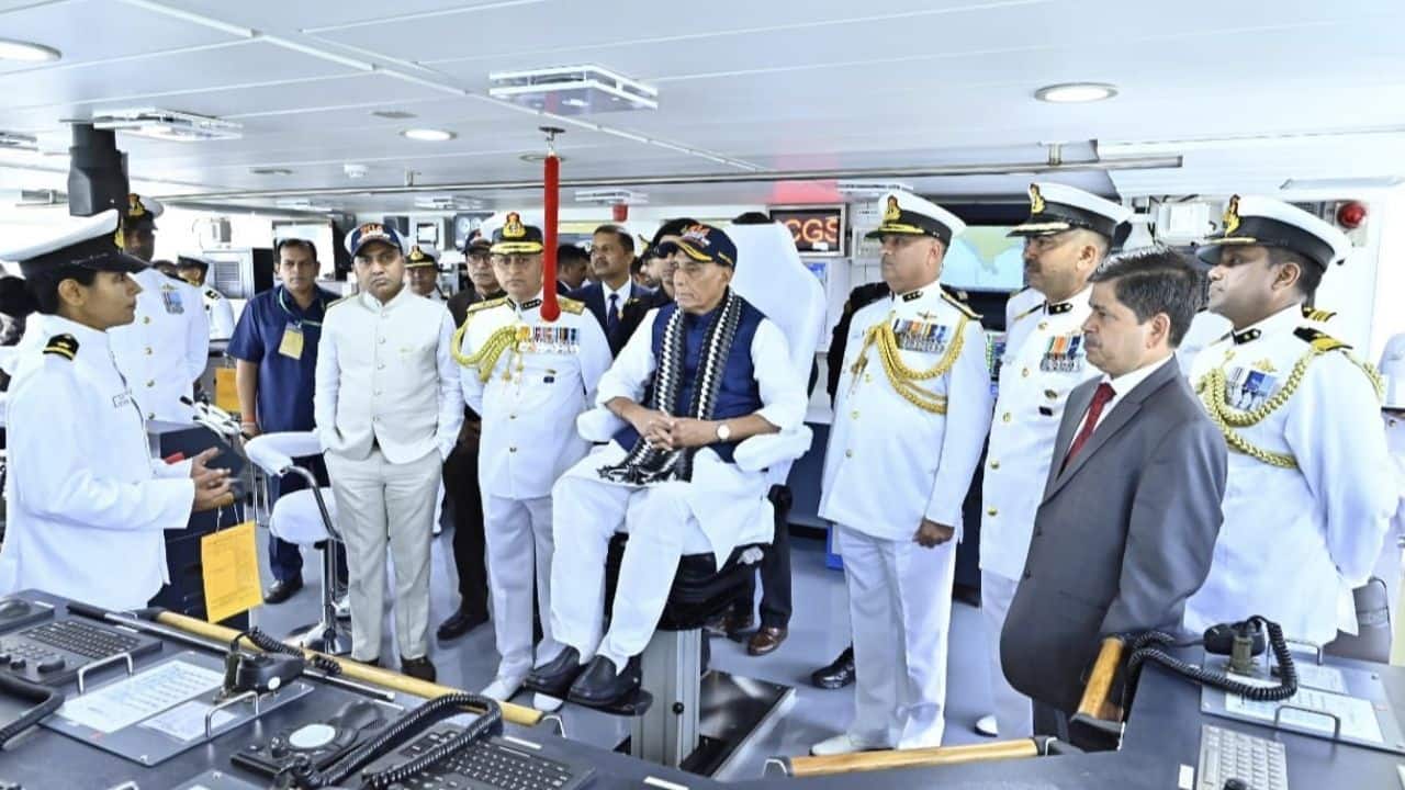 The vessel was officially commissioned by Defence Minister Rajnath Singh at Goa Shipyard Limited. (Image: X/@IndianCoastGuard)