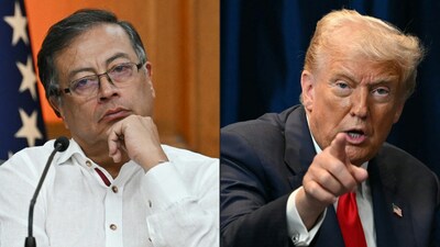 (COMBO) This combination of pictures created on January 04, 2026 shows Colombian President Gustavo Petro gesturing during a press conference with his Venezuelan counterpart Nicolas Maduro at Miraflores Presidential Palace in Caracas, on November 1, 2022, and US President Donald Trump gestures during a bilateral meeting with Brazil's President Luiz Inacio Lula da Silva on the sidelines of the 47th Association of Southeast Asian Nations (ASEAN) Summit in Kuala Lumpur on October 26, 2025. (Photo by Federico Parra and ANDREW CABALLERO-REYNOLDS / AFP)