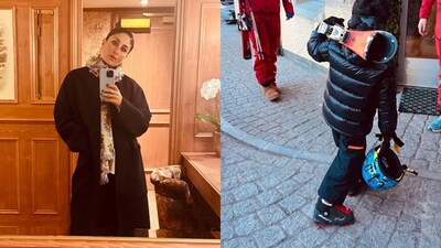Taking to Instagram on Tuesday, Kareena shared a series of photos from their latest getaway to a snow-covered mountain destination.

