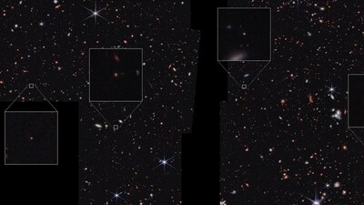 Four of the nine galaxies in the newly identified “platypus” sample were discovered in NASA’s James Webb Space Telescope. (Image: NASA/ESA/CSA/Steve Finkelstein)