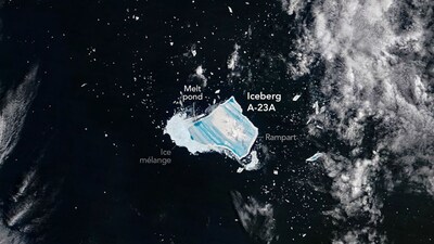 NASA satellites reveal Antarctica’s iceberg A‑23A in blue colour on its verge of slow breakup. (Image: NASA)