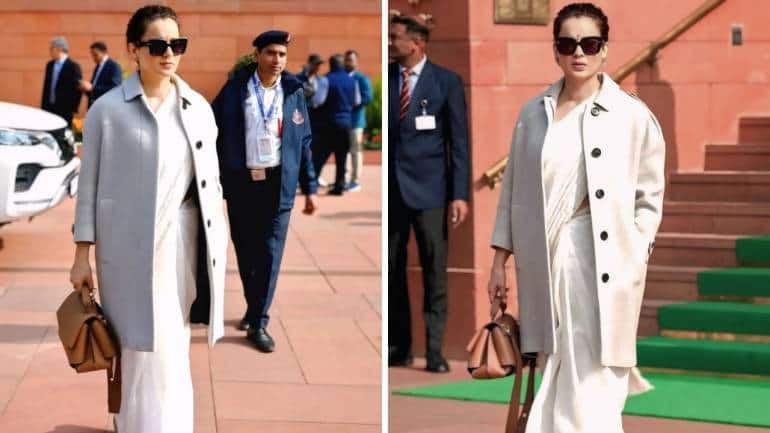 Kangana Ranaut in long coat and saree (Images: @kanganafans67/Instagram)