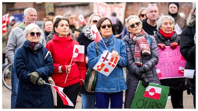 People taking part in a Greenlandic 'Hands off Kalaallit Nunaat' demonstration at the American embassy in Copenhagen, Denmark. (Courtesy: Reuters file photo)