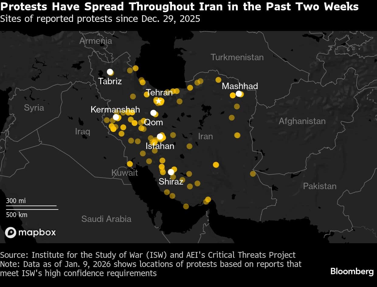 Protests Have Spread Throughout Iran in the Past Two Weeks | Sites of reported protests since Dec. 29, 2025