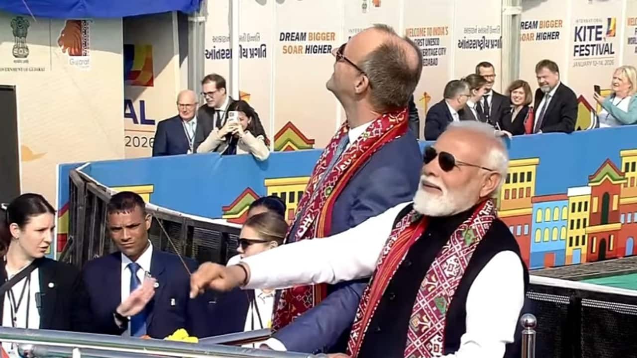 PM Modi, German Chancellor fly kite depicting Lord Hanuman at Sabarmati riverfront | Watch