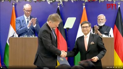 Leaders flag defence cooperation, migration and technology as India–Germany ties mark key diplomatic milestones. (Image: PTI Live Coverage)