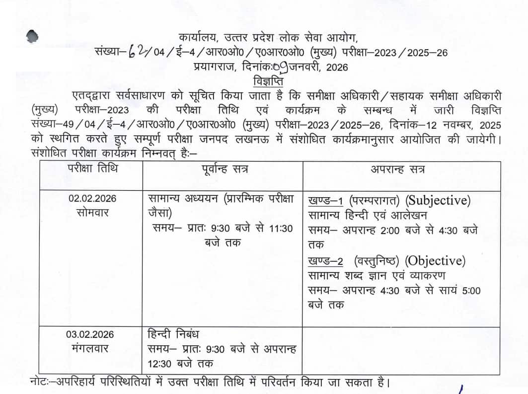UPPSC RO, ARO Main Exam 2023: Revised schedule released for February 2026