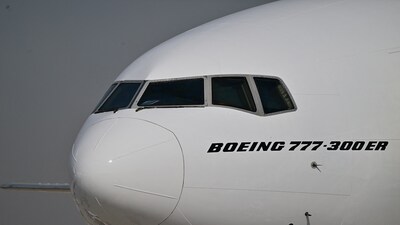 A boeing 777-300 is on displlay at Al-Maktoum International Airport