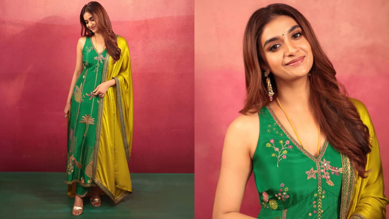 Green Floral Kurta For informal pongal feasts, she provides a breezy substitute for sarees in a deep V-neck green floral A-line kurta and yellow dupatta. For cosy gatherings, pair identical anarkali ensembles with bangles and kolhapuri flats.