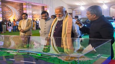 PM Modi inspects during the 'Bhoomi Pujan' ceremony of the Kaziranga Elevated Corridor Project, in Kaliabor, Assam. 