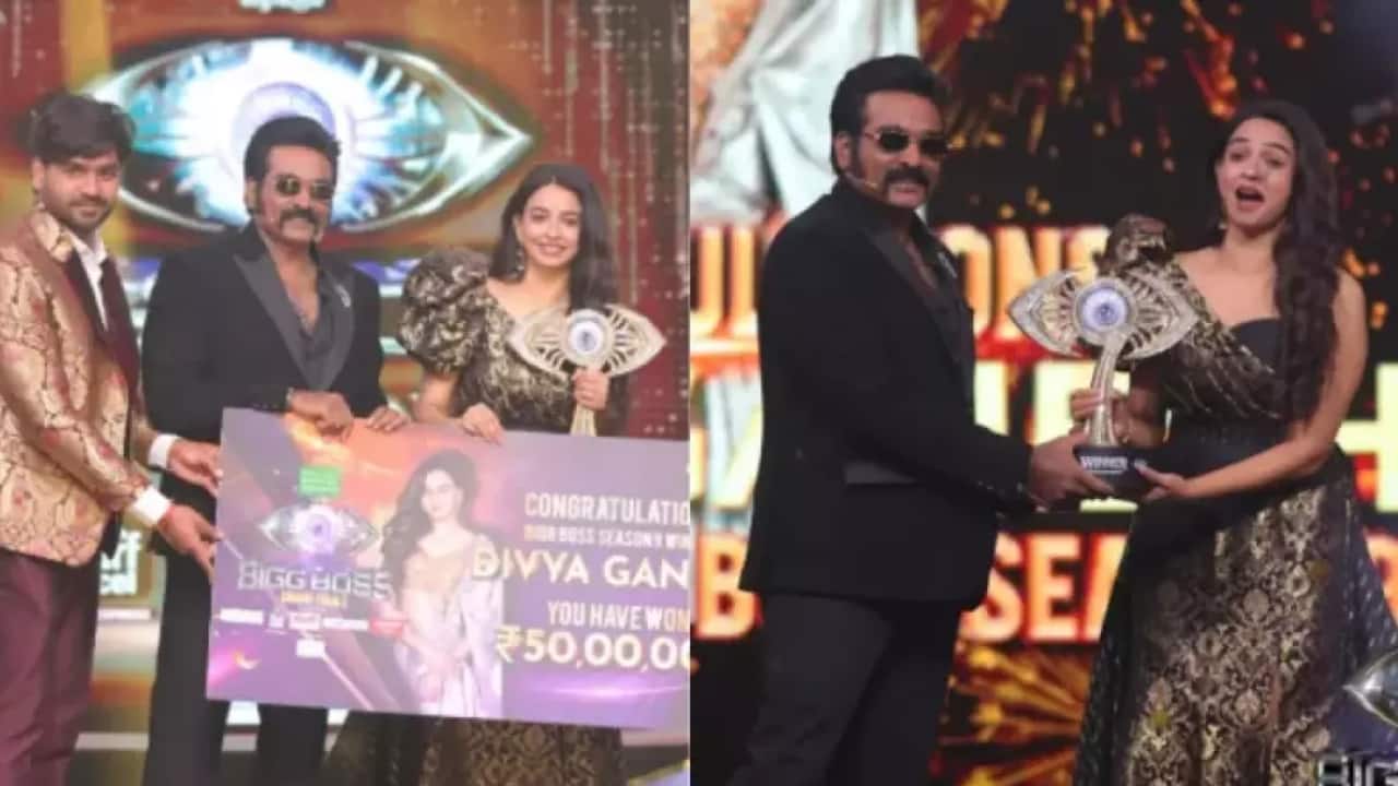 Bigg Boss Tamil Season 9 winner Divya Ganesh lifts the trophy and bags the Rs 50 lakh cash prize