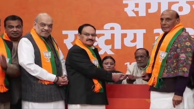 Home Minister Amit Shah, JP Nadda, and defence Minister Rajnath Singh present at the nomnation filing as his as his seconders and proposers. (Image: ANI) 