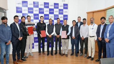 Members of Allied Orbits, the consortium of four space tech startups, with officials of IN-SPACe after the signing of the agreement to build EO PPP satellites 