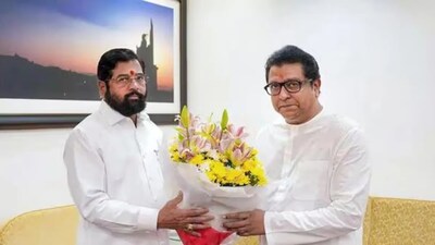 Maharashtra Navnirman Sena (MNS) President Raj Thackeray meets Shiv Sena chief Eknath Shinde. (Image: PTI)