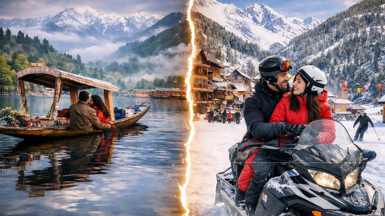 Two mountain moods, one romantic dilemma—serene lakes and timeless calm meet snowy peaks and lively valleys.