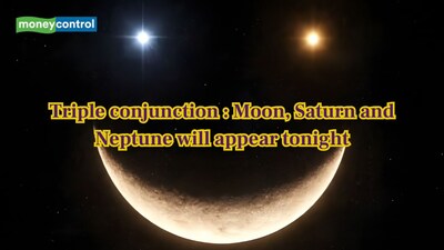 A rare triple conjunction of the Moon, Saturn and Neptune will light up the western night sky on January 23, 2026. (Image: Canva)