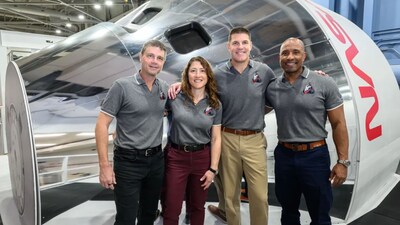 The Artemis II crew poses in front of an Orion simulator Jan. 23, 2026 at NASA’s Johnson Space Center in Houston (Image: NASA)