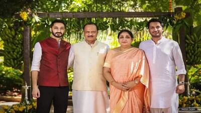 Late Maharashtra Deputy Chief Minister Ajit Pawar with his wife Sunetra Pawar and sons Parth (R) and Jay Pawar (L). (File photo)
