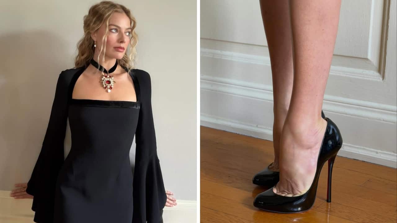 Margot Robbie turns heads in gothic look and sky-high heels