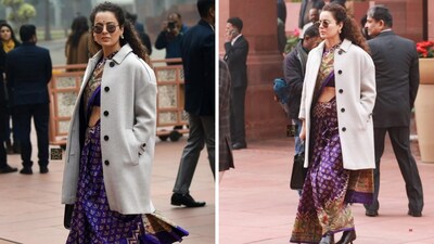 Kangana Ranaut's saree with the deep purple base looked striking with its gold design and detailed border with rich artwork (Images: @kanganaranaut__fanpage/Instagram)