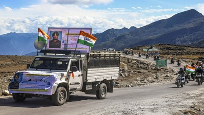 Army personnel take part in a motorcycle rally from Tawang War Memorial to Bumla Pass as a tribute to the martyrs of the 1962 Indo-China War, including a special homage to martyr Subedar Joginder Singh on his 'Shaheed Diwas', in Tawang district, Arunachal Pradesh in October 2025. (File photo)
