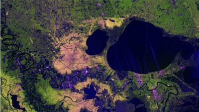 This image captured by NISAR’s L-band SAR instrument on Nov. 29, 2025, shows the cities of New Orleans and Baton Rouge, the Mississippi River, Lake Pontchartrain, and a range of wetlands, farmlands, and populated areas. The colors indicate different types of land cover. (Image: NASA/JPL-Caltech)