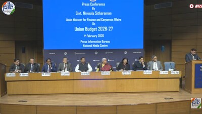 FM Nirmala Sitharaman with officials at media briefing post budget 2026 on Sunday