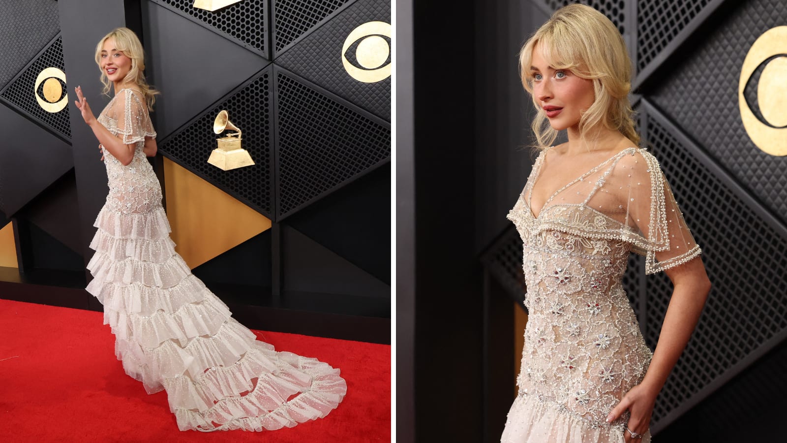 26-year-old Sabrina Carpenter bedazzled in a Valentino dress on the red carpet at the 2026 Grammy Awards. She is nominated for six awards tonight and is also going to perform during the show. (Photo: Retuers) 