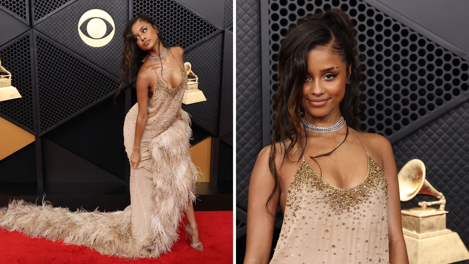 Tyla walked the Grammy Awards 2026 red carpet in a sparkling, tan feathered dress. (Photo: Reuters) 