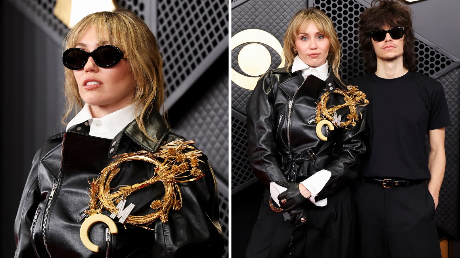 Miley Cyrus, who is known for her bold and offbeat choices on the red carpet, looked incredible in a chic leather jacket, paired with a huge golden brooch. Seen here with Maxx Morando. (Photo: Reuters) 