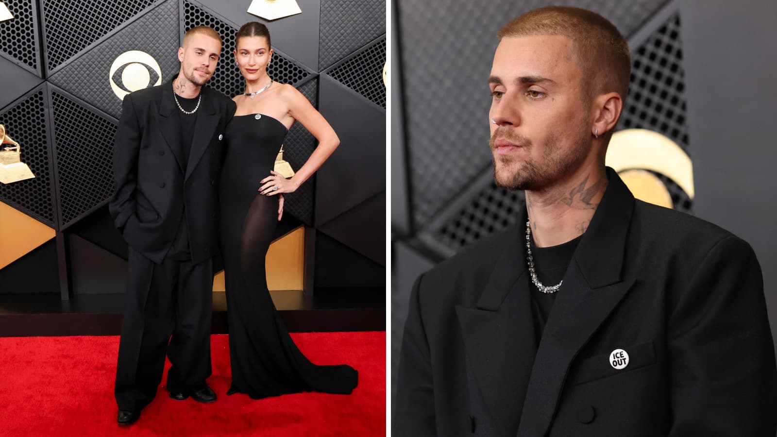 Justin Bieber and wife Hailey made a rare red carpet appearance at Grammy Awards 2026. Justin wore his nose pin, baggy all-black Balenciaga suit and a beaded necklace.  Hailey wore  a custom strapless gown by Alaïa.