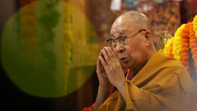 Tibetan spiritual leader Dalai Lama attends a Long Life Prayer offering ceremony at the Main Tibetan Temple in McLeod Ganj, near Dharamsala on September 10, 2025. (Photo by Sanjay BAID / AFP)
