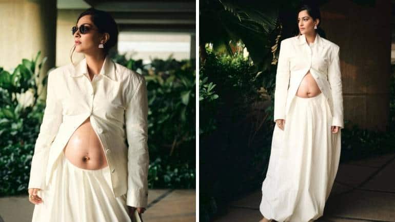 Sonam Kapoor baby bump in ivory dress (Images: @rheakapoor, @dhruvkapoor/Instagram)