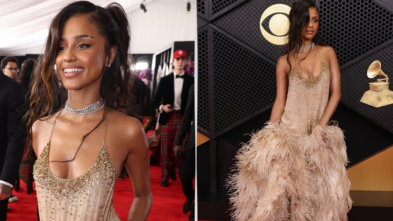 <strong>Tyla</strong><br />It has a dramatic element to it. It features a low neckline and we absolutely love the gold embellishments. The dress is from Dsquared2's 2013 Fall/Winter collection. Reportedly, Tyla was to wear this dress at some other event, however, some last minute change led her to wearing this on Grammy 2026. We say she did the right thing. (Picture Credit: Instagram)