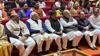 Prime Minister Narendra Modi, Union Home Minister Amit Shah and newly-elected party chief Nitin Nabin at the meeting.