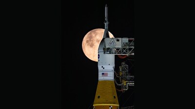 A full Moon is seen shining over NASA’s SLS (Space Launch System) and Orion spacecraft in the early hours of Feb. 1, 2026, at Launch Complex 39B at NASA’s Kennedy Space Center in Florida. (Image: NASA)