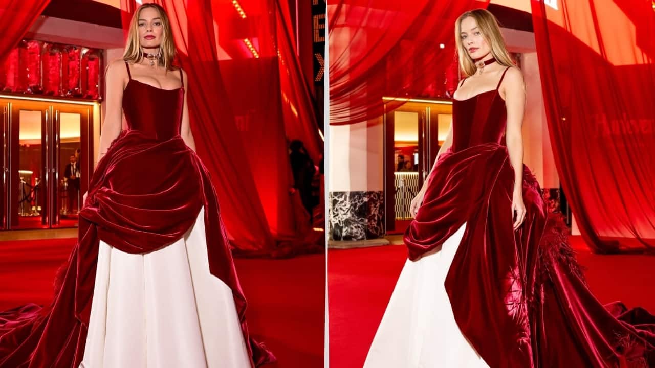 Margot Robbie stuns in burgundy velvet gown, wears choker necklace featuring 100 carats of champagne diamonds