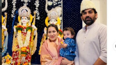 Zaheer Khan and Sagarika Ghatge visit Ram Mandir in Kagal with son, offer prayers
